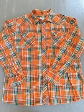 Source Unknown Orange Plaid Button-Down Shirt with Green and White, Size XL